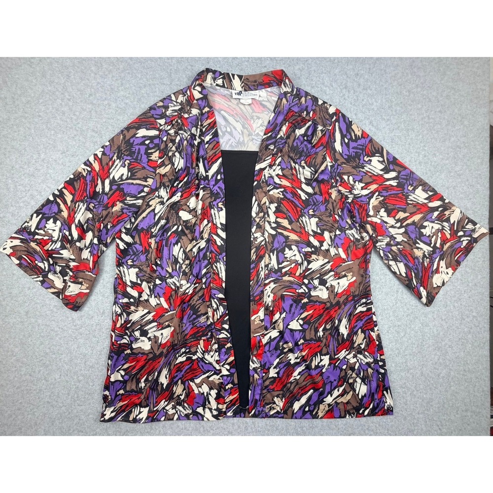 Vintage Top Notch Abstract Print Open Front Cardigan Red Purple Plus Size 18W